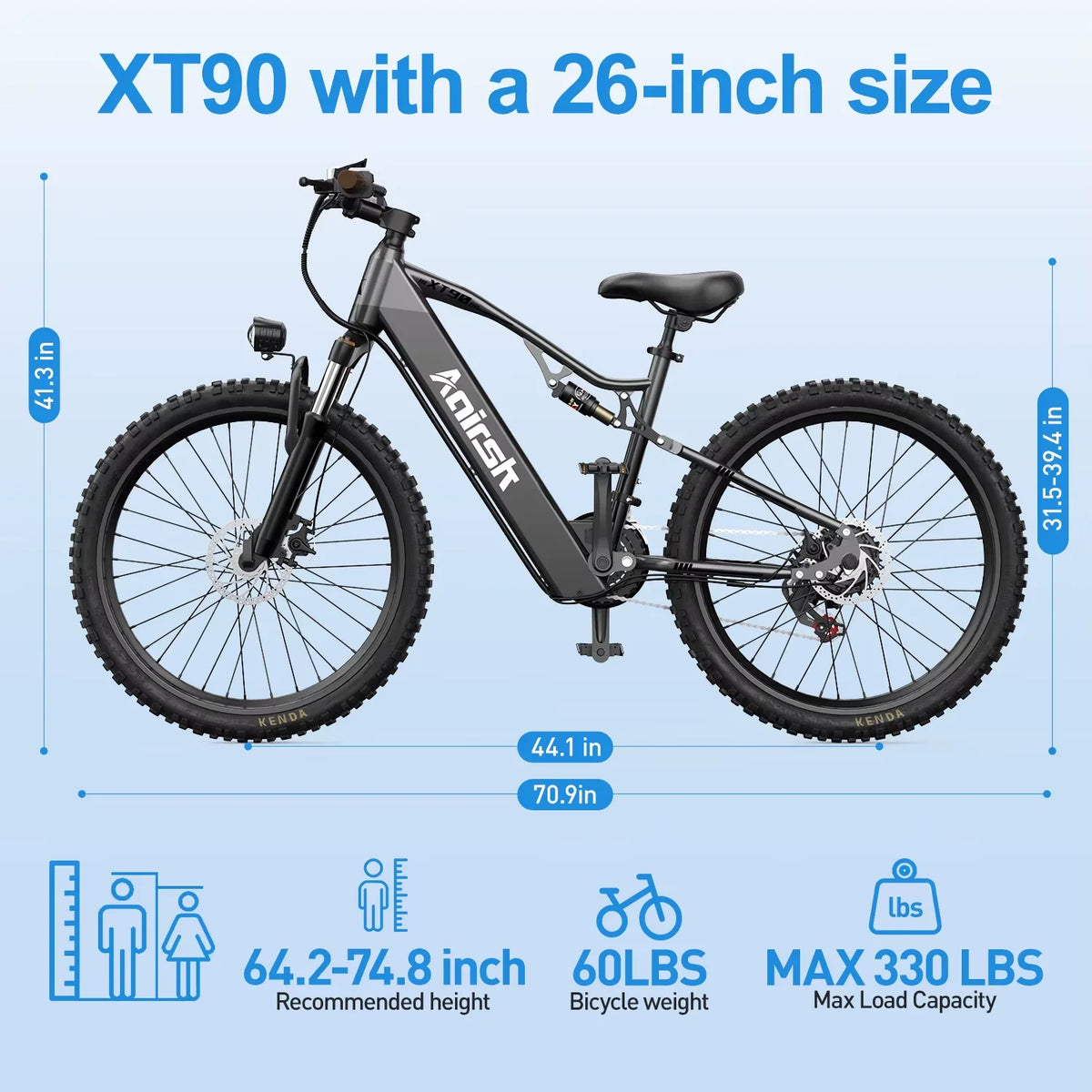 Aairsk XT90 Electric Mountain Bike 26"×2.6" Tires, 48V 20Ah  Battery 60-100Km Range, 75N·m High-Torque Motor 21-Speed Dual Suspension Ebike with NFC, All-Terrain Adult E-Bicycle 25KM/h