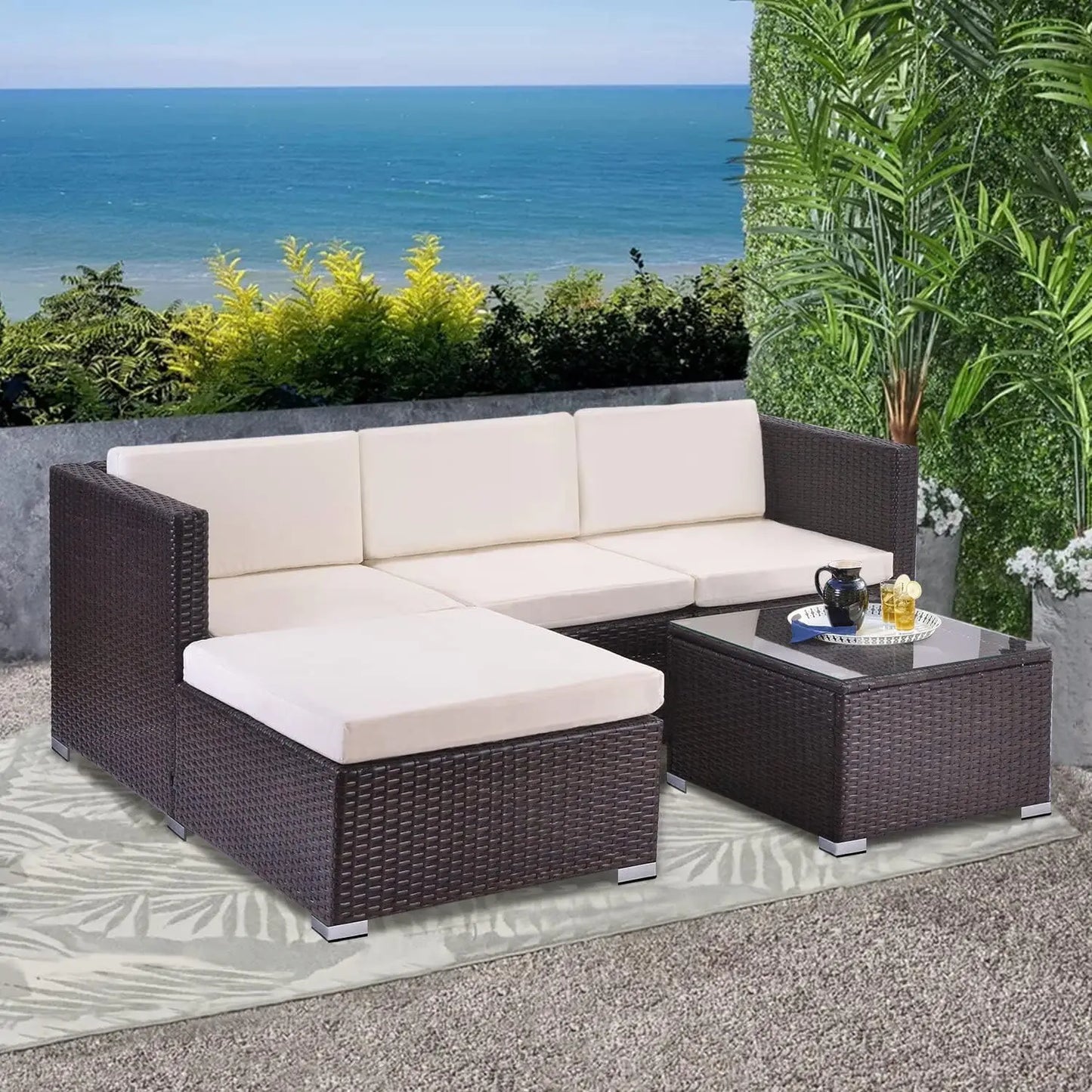 5pcs Rattan Garden Outdoor Furniture Patio Sofa Set Glass Coffee Table Outdoor Cushions for Garden or Conservato Rupert