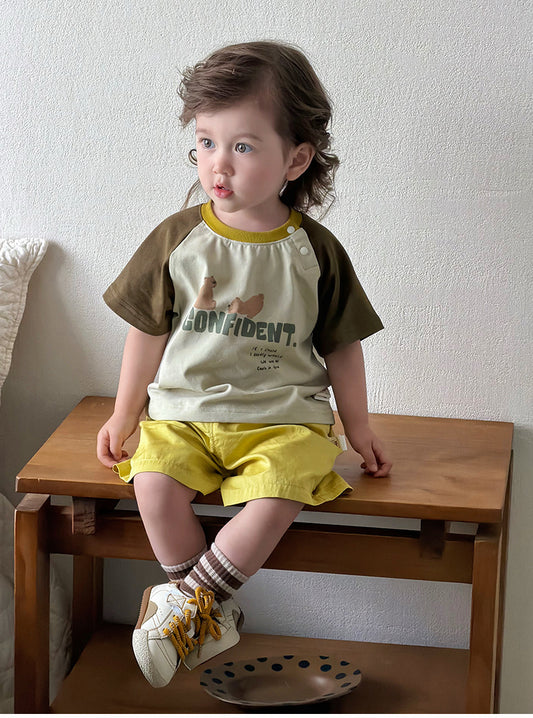 Two-Piece Set with Cartoon Letters Short Sleeve T-Shirt and Pure Cotton Shorts for Summer