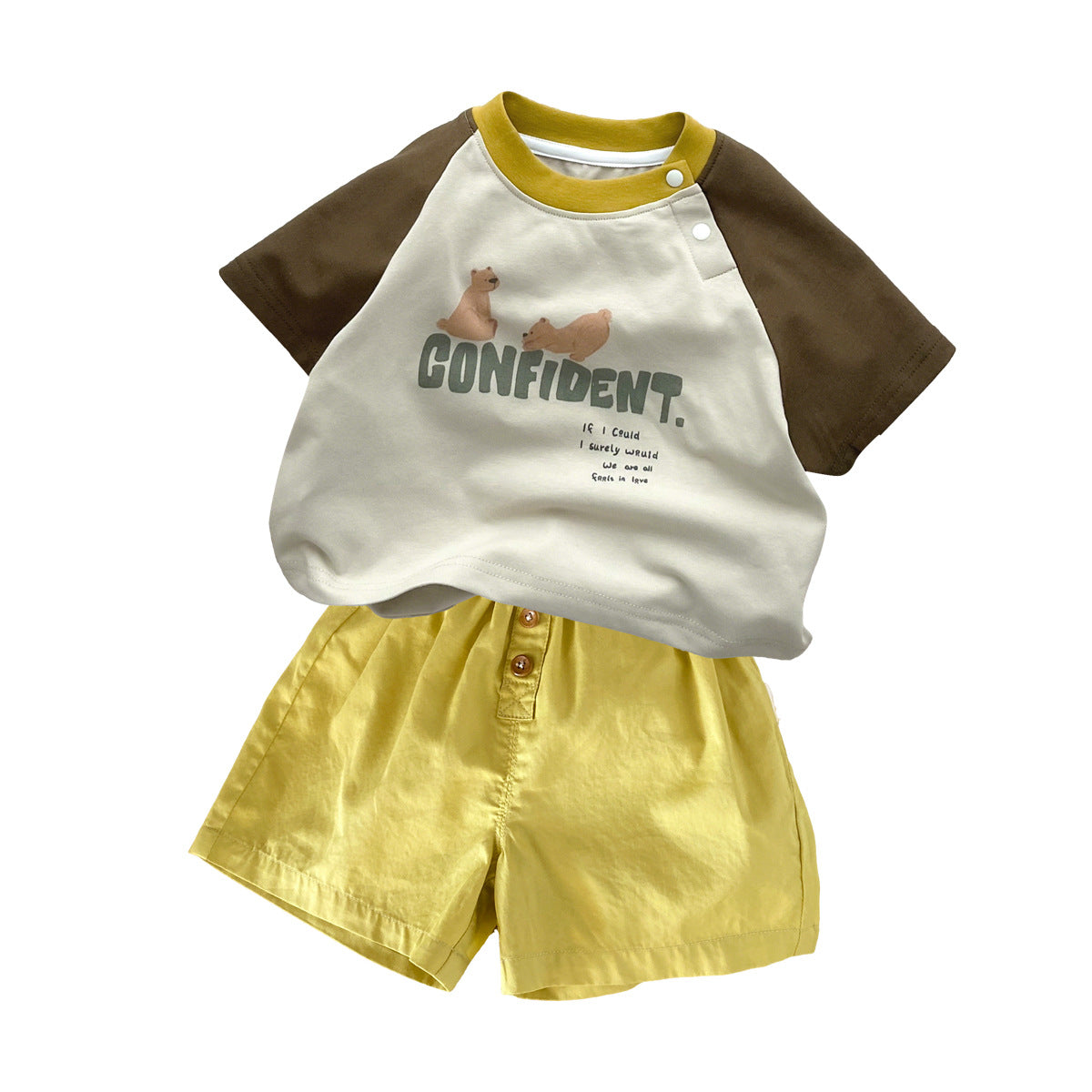 Two-Piece Set with Cartoon Letters Short Sleeve T-Shirt and Pure Cotton Shorts for Summer