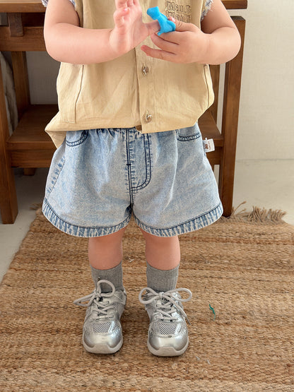 Plaid Turn-Down Collar Vest Shirt with Loose Denim Shorts for Toddler Boys Summer Wear