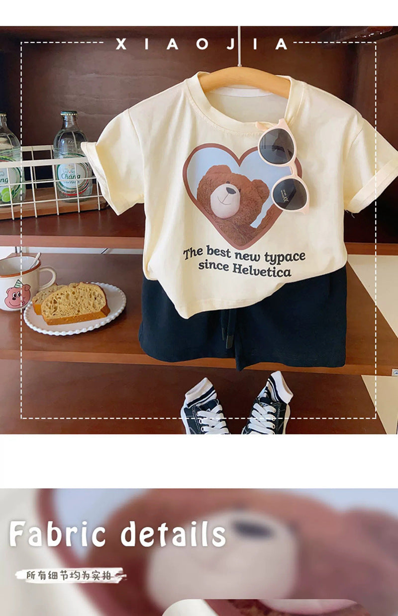 Children's Short Sleeve T-Shirt Cute Baby Cartoon Bear Mid and Small Boys and Girls Top