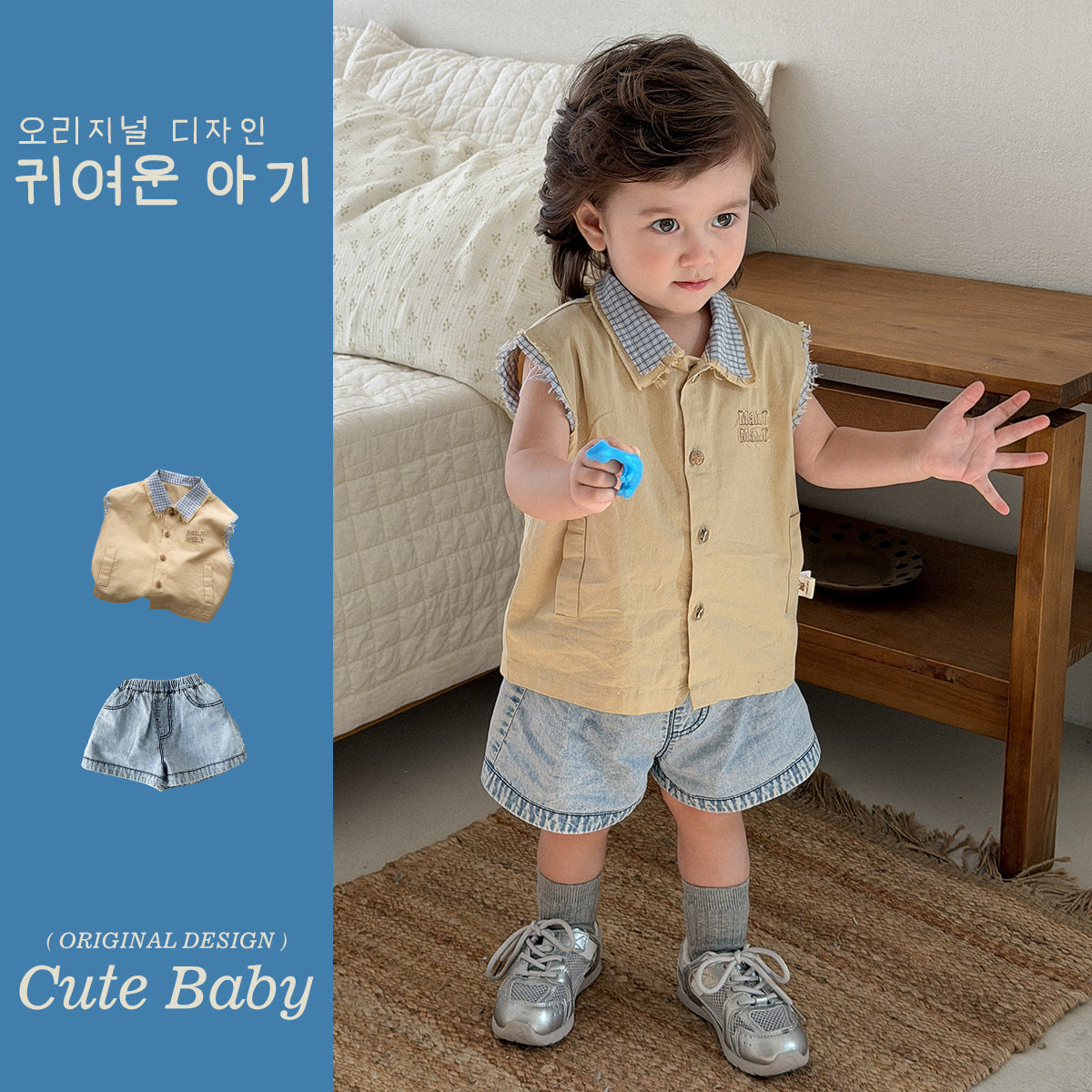 Plaid Turn-Down Collar Vest Shirt with Loose Denim Shorts for Toddler Boys Summer Wear