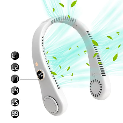 LED Digital Display USB Wearable Fan Summer Portable Mini Hanging Neck Fan Bladeless Neckband Fan Power Air Cooler USB Rechargeable Electric Fans