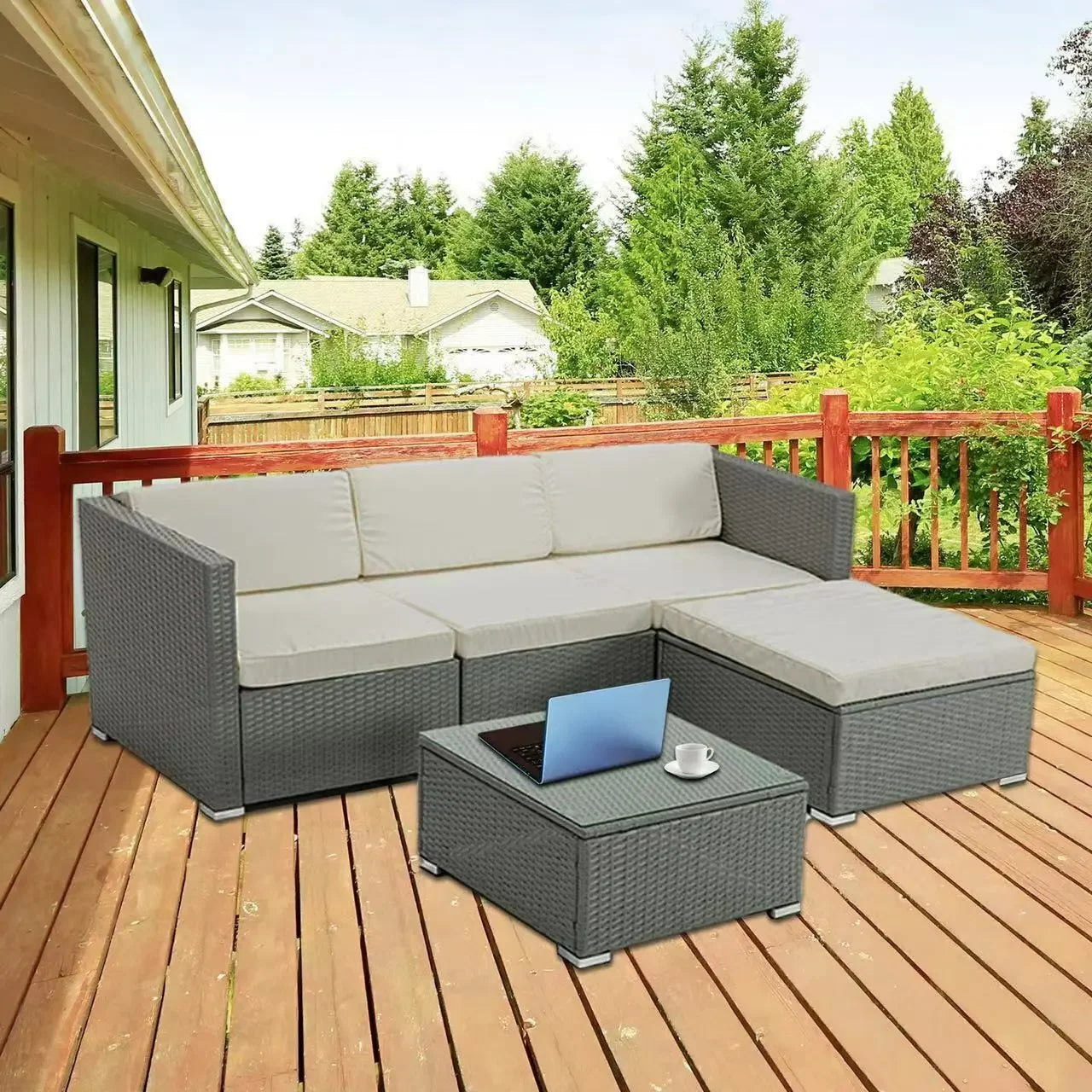 5pcs Rattan Garden Outdoor Furniture Patio Sofa Set Glass Coffee Table Outdoor Cushions for Garden or Conservato Rupert