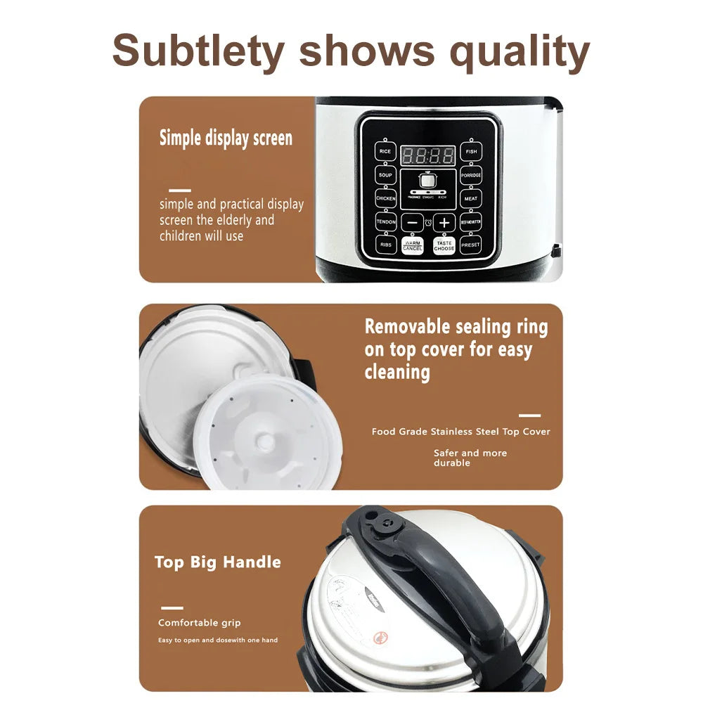 6L Smart Electric Pressure Cooker & Rice Cooker Stainless Steel Body 24 Hours Delay Timer Multi-function Soup Stew Yogurt Maker