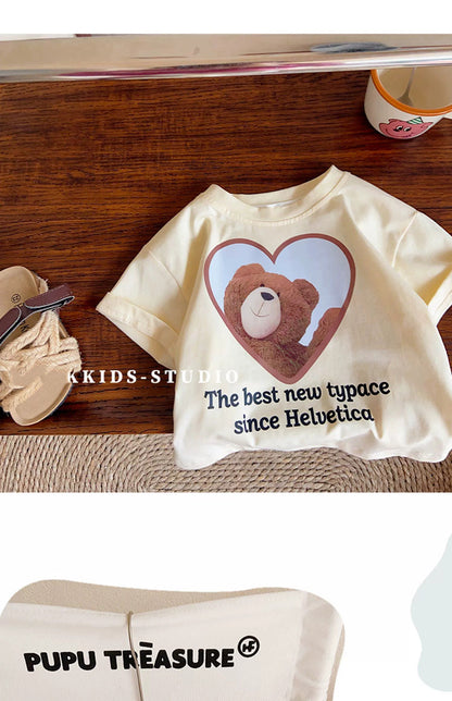 Children's Short Sleeve T-Shirt Cute Baby Cartoon Bear Mid and Small Boys and Girls Top