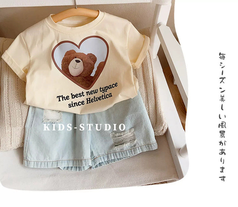 Children's Short Sleeve T-Shirt Cute Baby Cartoon Bear Mid and Small Boys and Girls Top