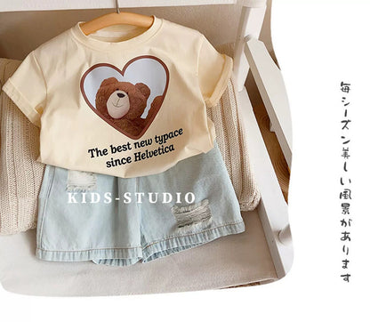 Children's Short Sleeve T-Shirt Cute Baby Cartoon Bear Mid and Small Boys and Girls Top