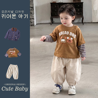 Children's Jacket Boys Flip Collar Jacket Printed T-Shirt Cuffed Pants  Children's Wear