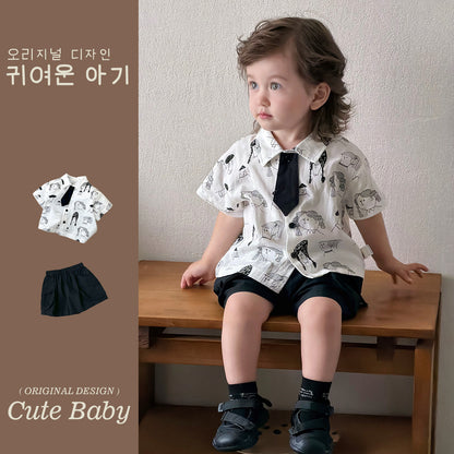 Stylish Cotton Shirt Top &amp; Casual Shorts, Trendy Two-Piece Suit for Kids