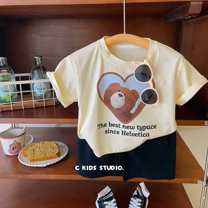 Children's Short Sleeve T-Shirt Cute Baby Cartoon Bear Mid and Small Boys and Girls Top