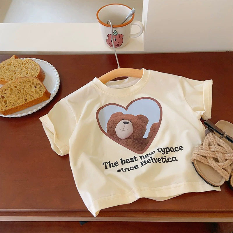 Children's Short Sleeve T-Shirt Cute Baby Cartoon Bear Mid and Small Boys and Girls Top