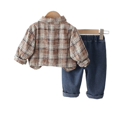 Children's plaid shirt long sleeved three piece set