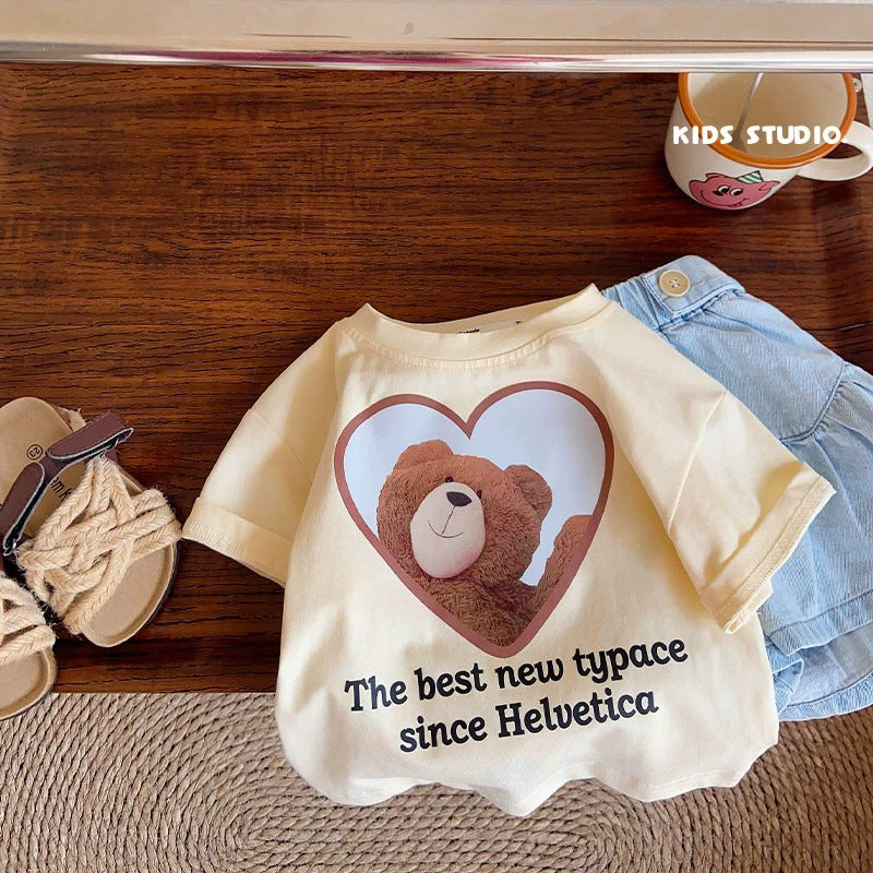 Children's Short Sleeve T-Shirt Cute Baby Cartoon Bear Mid and Small Boys and Girls Top