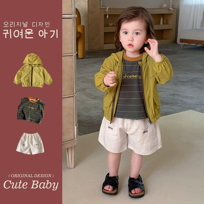 Cotton Linen Loose Shorts, Two-Piece Outfit for Little Boys, Sun Protection Clothing