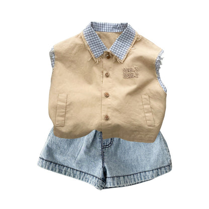 Plaid Turn-Down Collar Vest Shirt with Loose Denim Shorts for Toddler Boys Summer Wear