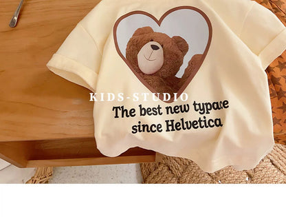 Children's Short Sleeve T-Shirt Cute Baby Cartoon Bear Mid and Small Boys and Girls Top