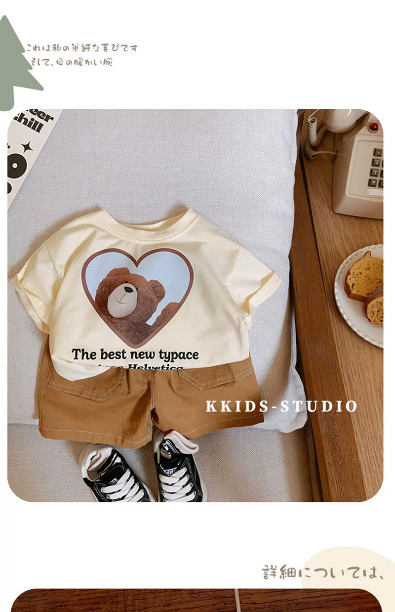 Children's Short Sleeve T-Shirt Cute Baby Cartoon Bear Mid and Small Boys and Girls Top