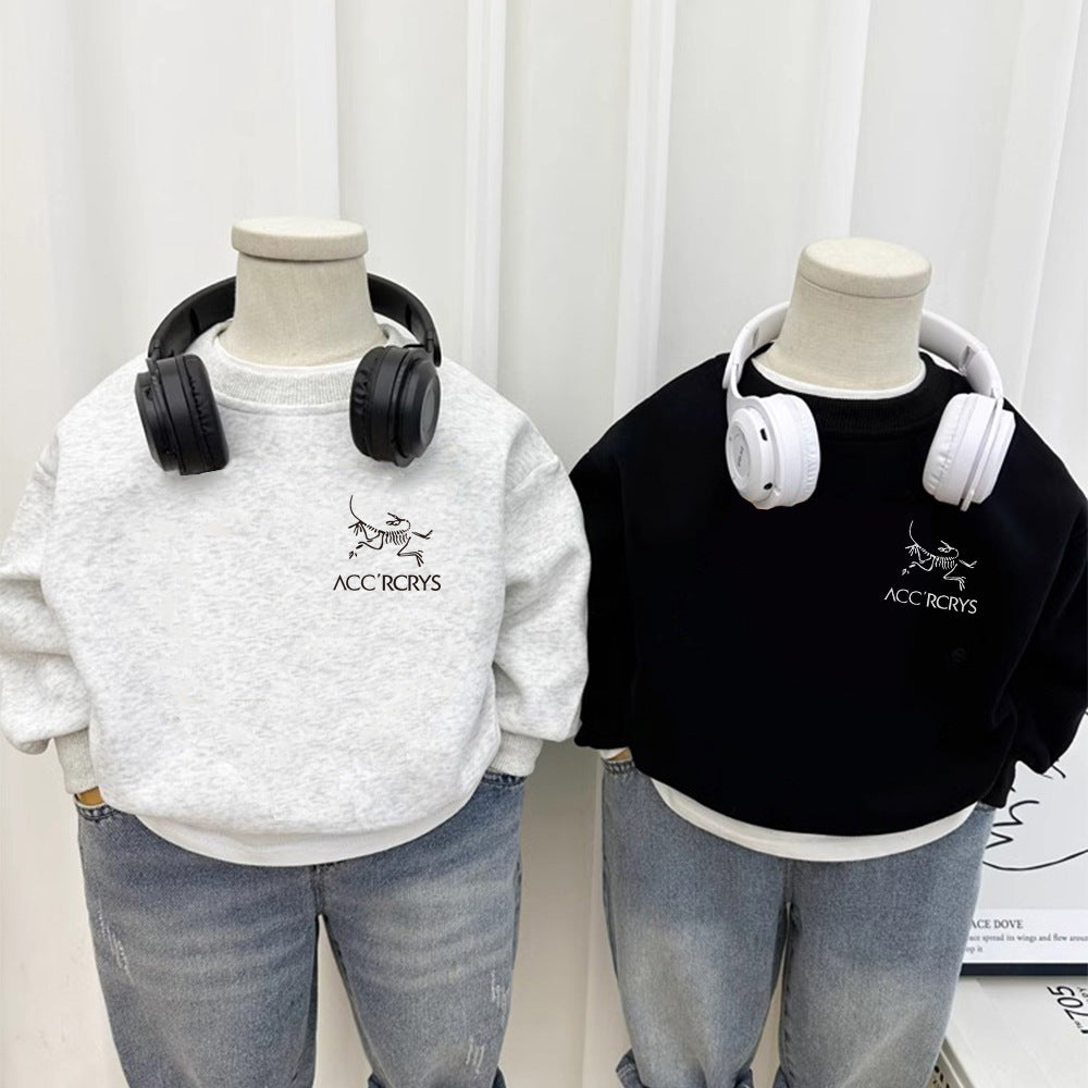 Fleece Lined Kids Hoodie Casual Unisex Children's Round Neck Top