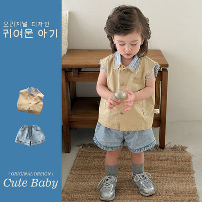 Plaid Turn-Down Collar Vest Shirt with Loose Denim Shorts for Toddler Boys Summer Wear