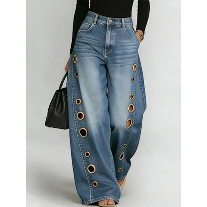 New jeans for women, metal eyelet design, casual loose high-waisted wide-leg jeans