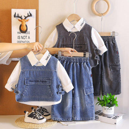Autumn denim vest long sleeved three piece set