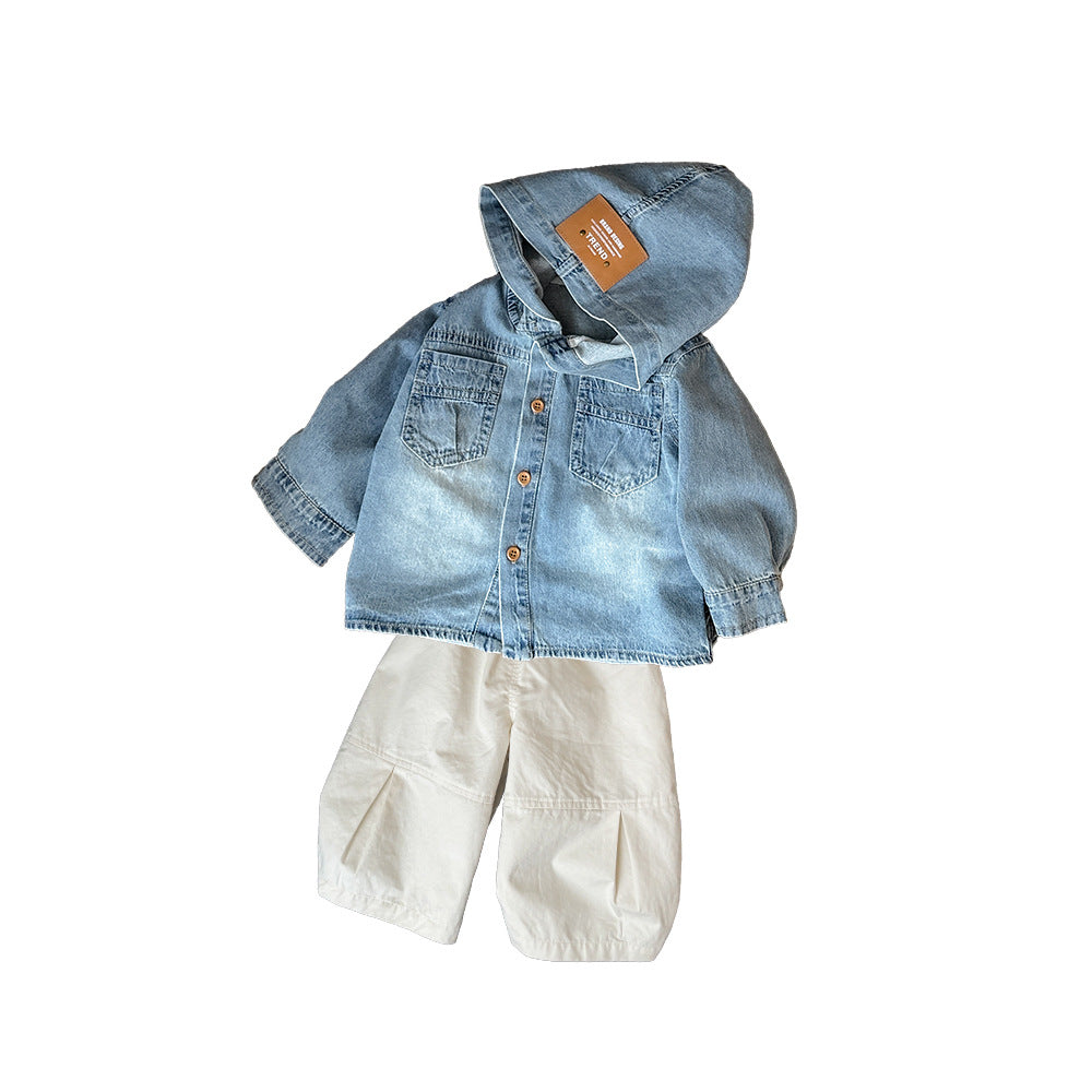 Casual Cartoon Print Tee Denim Jacket  Pants 3-Piece Outfit for Boys