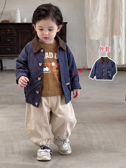 Children's Jacket Boys Flip Collar Jacket Printed T-Shirt Cuffed Pants  Children's Wear