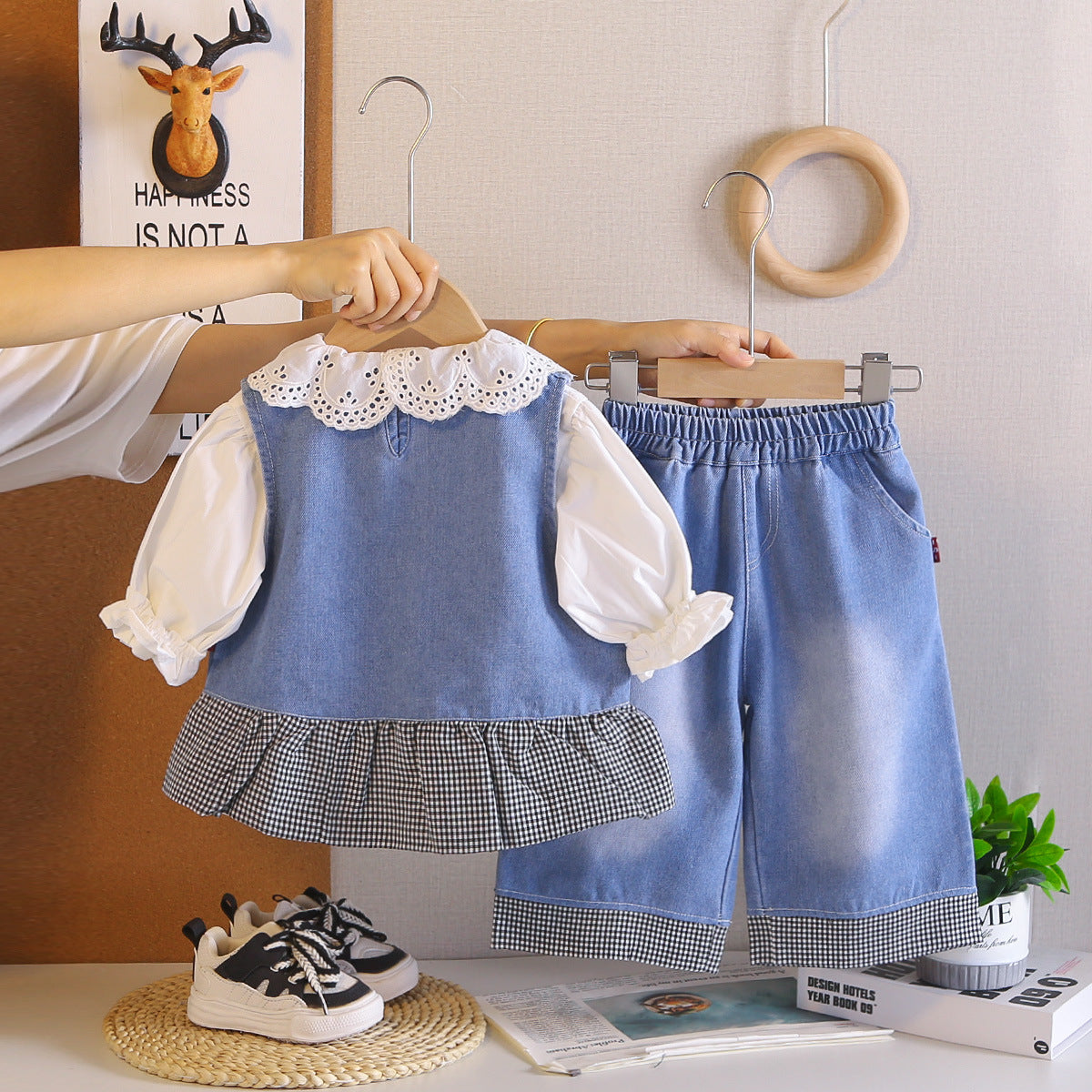 Baby girl denim vest long sleeved three piece set