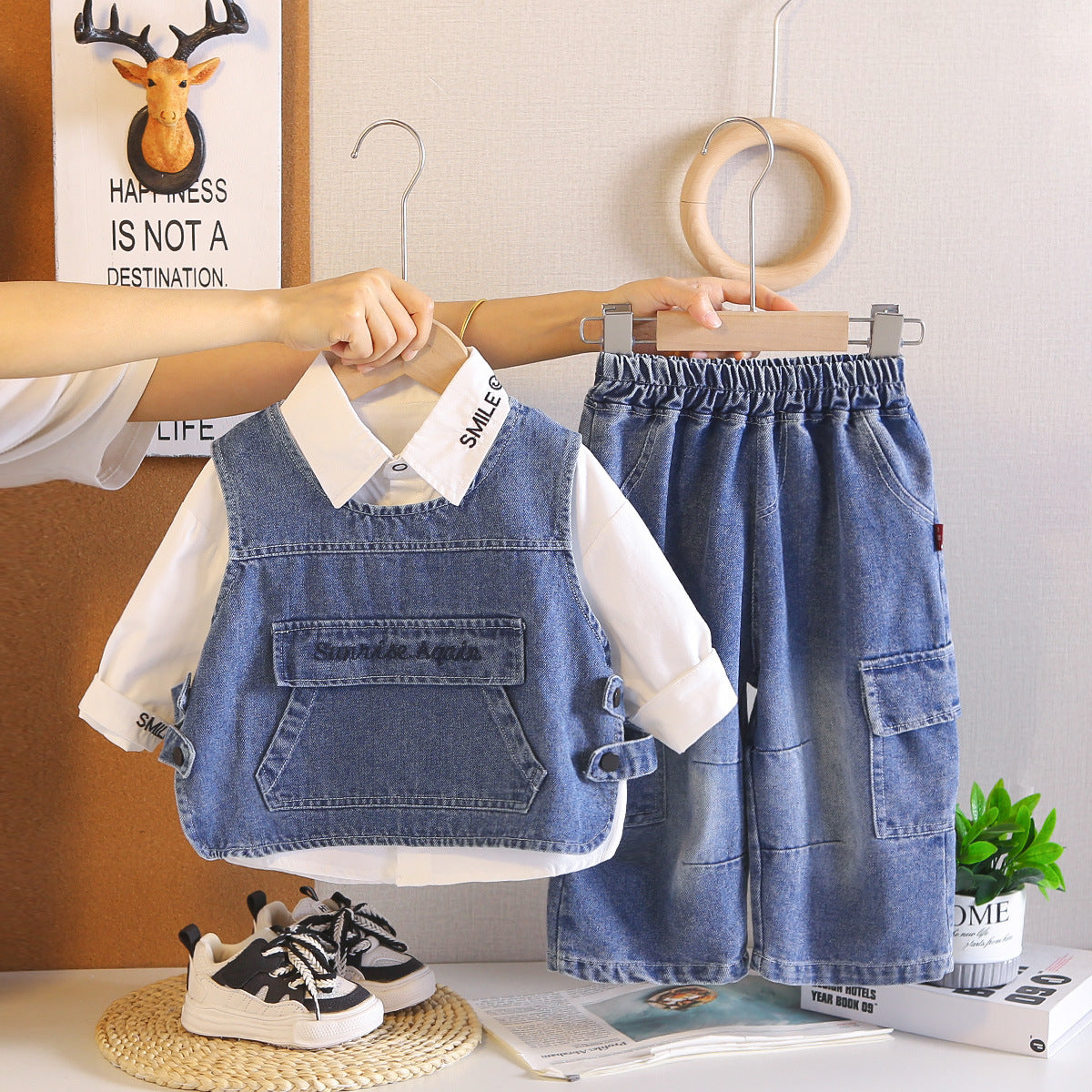 Autumn denim vest long sleeved three piece set