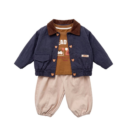 Children's Jacket Boys Flip Collar Jacket Printed T-Shirt Cuffed Pants  Children's Wear
