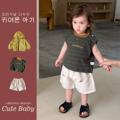 Cotton Linen Loose Shorts, Two-Piece Outfit for Little Boys, Sun Protection Clothing