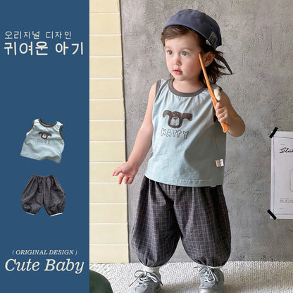 Two-Piece Set  Sleeveless Vest T-Shirt and Pants Thin Cotton Kids Clothing