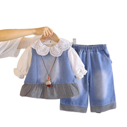 Baby girl denim vest long sleeved three piece set