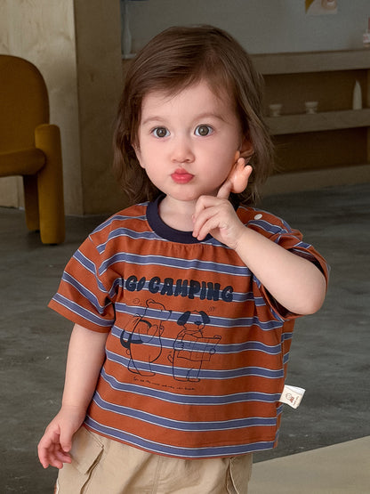 Boy's Stylish Two-Piece Outfit Striped Loose Short Sleeve with Casual Shorts and Cargo Pants