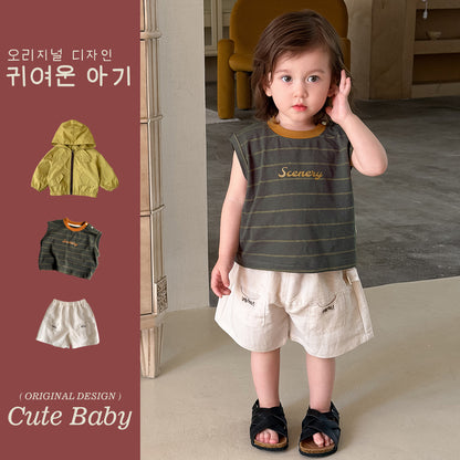 Cotton Linen Loose Shorts, Two-Piece Outfit for Little Boys, Sun Protection Clothing