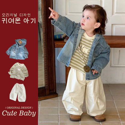 Casual Cartoon Print Tee Denim Jacket  Pants 3-Piece Outfit for Boys