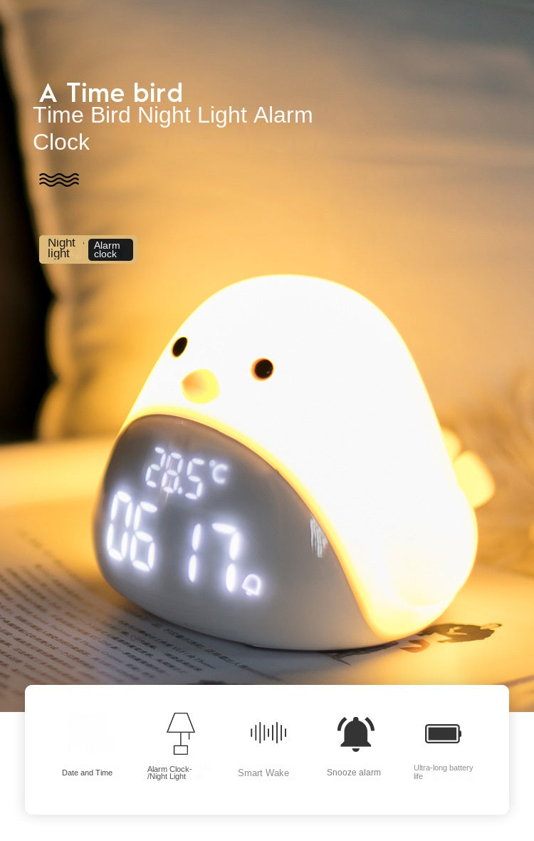 Time Bird LED Bedside Alarm Clock with Night Light – Cartoon Quiet Electronic Clock with USB Charging for Bedroom, Student Desk & Dormitory