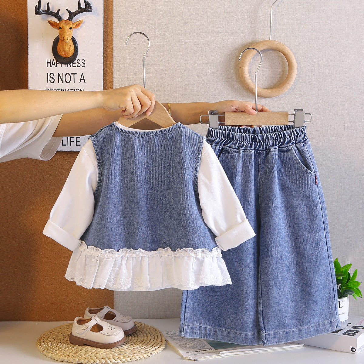 Cowboy vest girl baby long sleeved three piece set