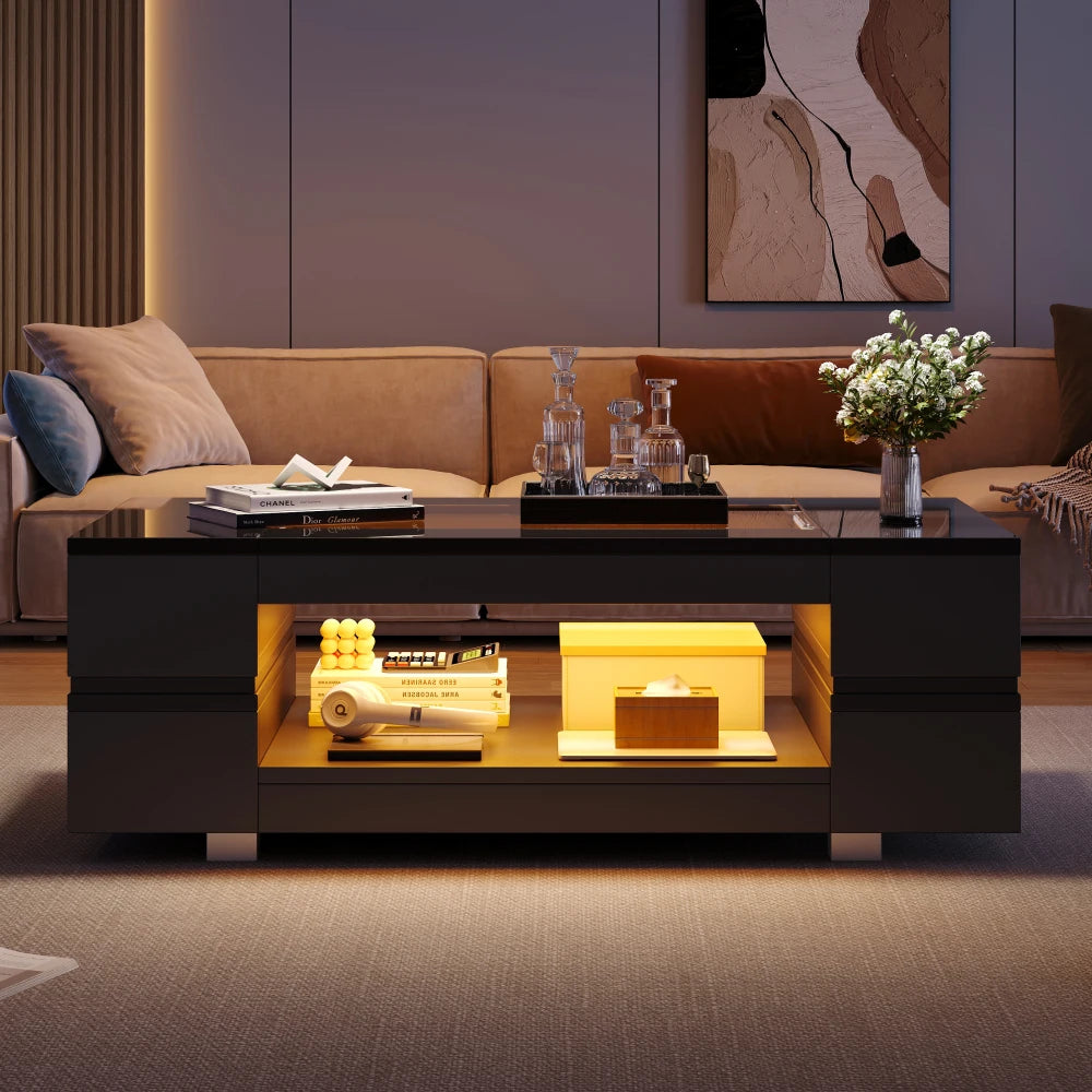 100cm Black LED Coffee Table APP Adjustable RGB Lights Tempered High Gloss Glass Top MDF Frame Storage Cutout Table 30KG Load for Living Room Home Party