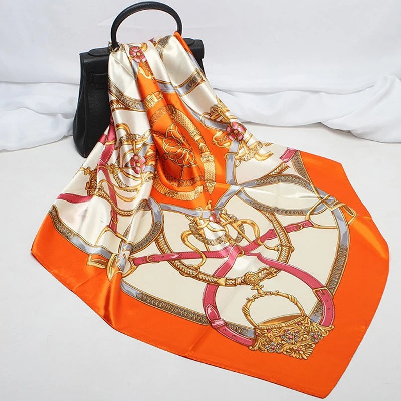 Handkerchiefs Hair Silk Scarf 90*90cm Print Satin Big Square Silk Scarves Shawls for Women Luxury Brand Designer Hijab Headband