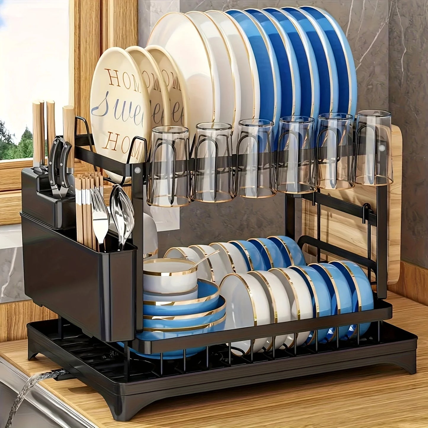 Kitchen countertop 2-tier dish drying rack, kitchen countertop dish drainer with drip tray, metal kitchen dish rack with drip tr