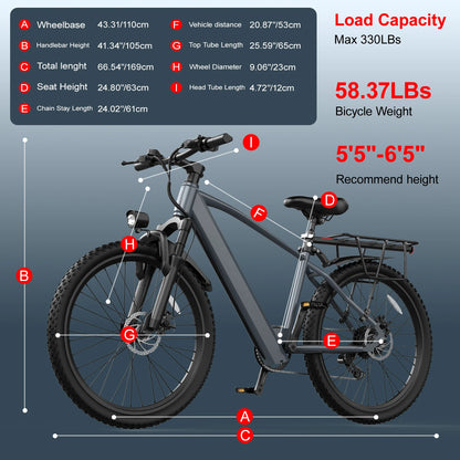 Adult Electric Bike with a 500W Motor, 26x1.95 Anti-Slip Tyres, a 36V 10.4Ah Removable Battery, a 7-Speed Gear System, and Unisex Pedal-Assisted Electric Bike