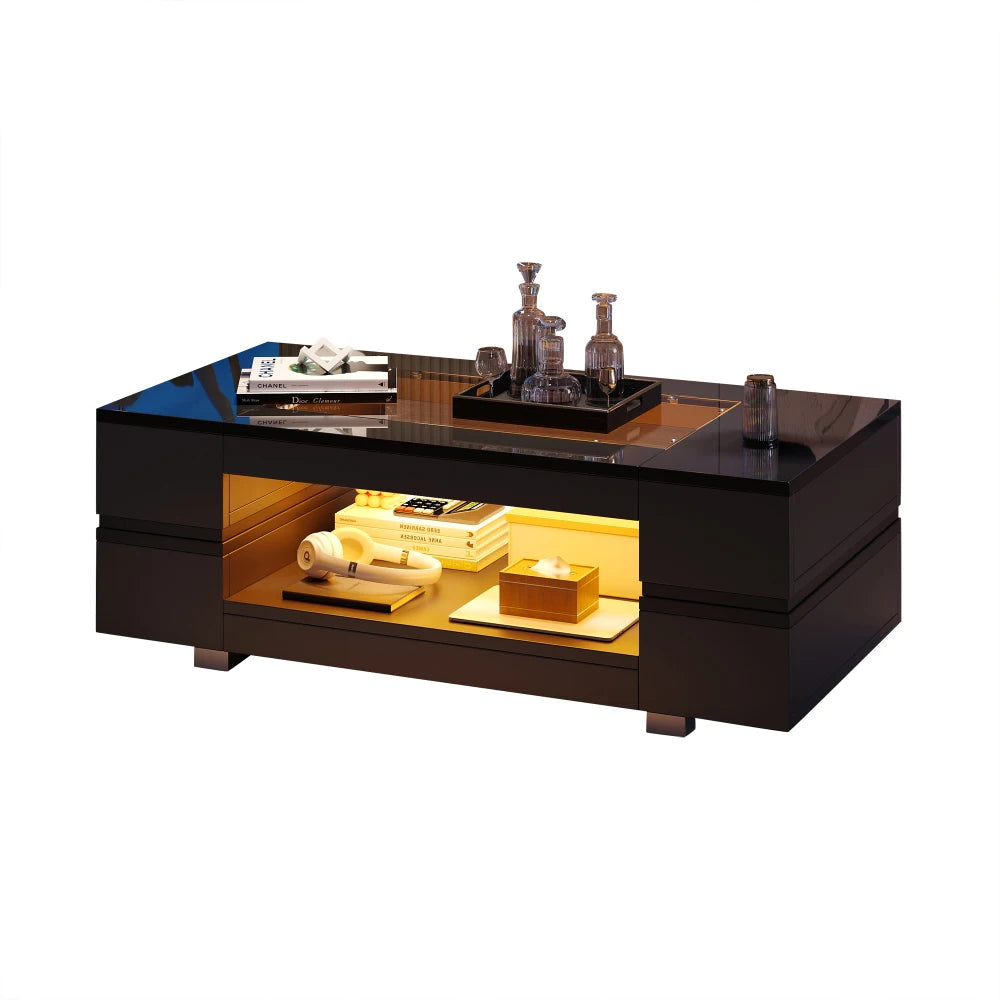 100cm Black LED Coffee Table APP Adjustable RGB Lights Tempered High Gloss Glass Top MDF Frame Storage Cutout Table 30KG Load for Living Room Home Party