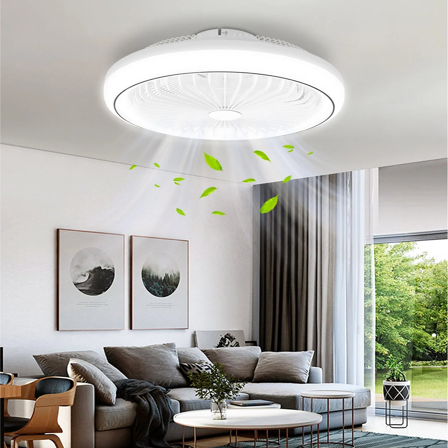 LED Bladeless Ceiling Fan Light Remote Control Dimmable Quiet Powerful Airflow for Living Room Bedroom Home Decor