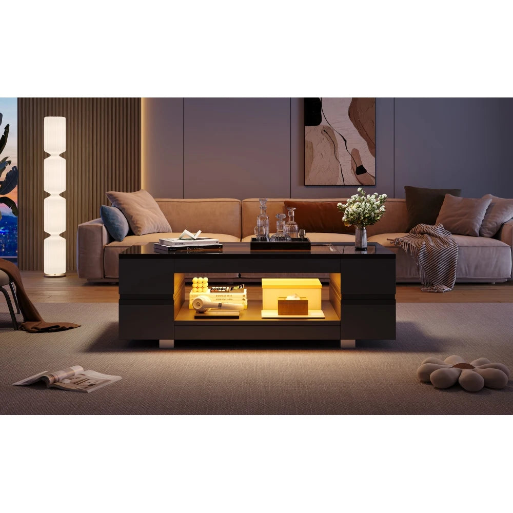 100cm Black LED Coffee Table APP Adjustable RGB Lights Tempered High Gloss Glass Top MDF Frame Storage Cutout Table 30KG Load for Living Room Home Party