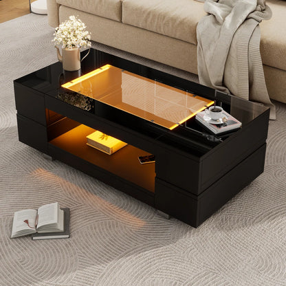 100cm Black LED Coffee Table APP Adjustable RGB Lights Tempered High Gloss Glass Top MDF Frame Storage Cutout Table 30KG Load for Living Room Home Party