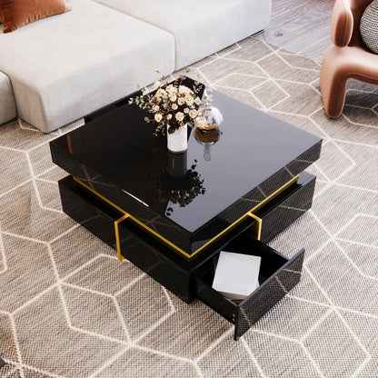 Modern Square High Gloss Coffee Table Decorated with Golden Details, Luxury Coffee Table with Two Storage Drawers, Sturdy Compact Living Room Center Table 70cm