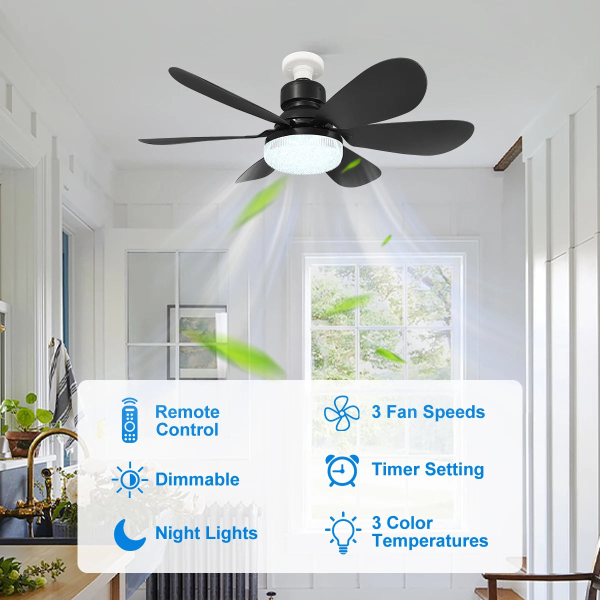 Cordless Light Socket Fan for Kitchen Bedroom Small Room LED Socket Fan Light with Remote Small Ceiling Fan with Light